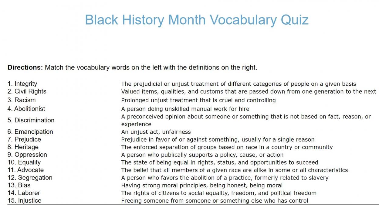 Black History Month Vocabulary Quiz Worksheet