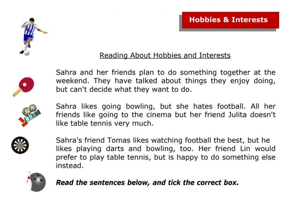 Reading about Hobbies and Interests - ESL Worksheet