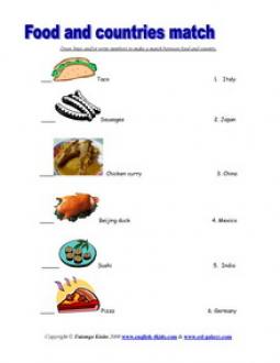 ESL,food taste, international food English vocabulary, printable worksheets