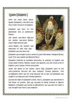 Queen Elizabeth I - English ESL Worksheets for distance learning and physical classrooms
