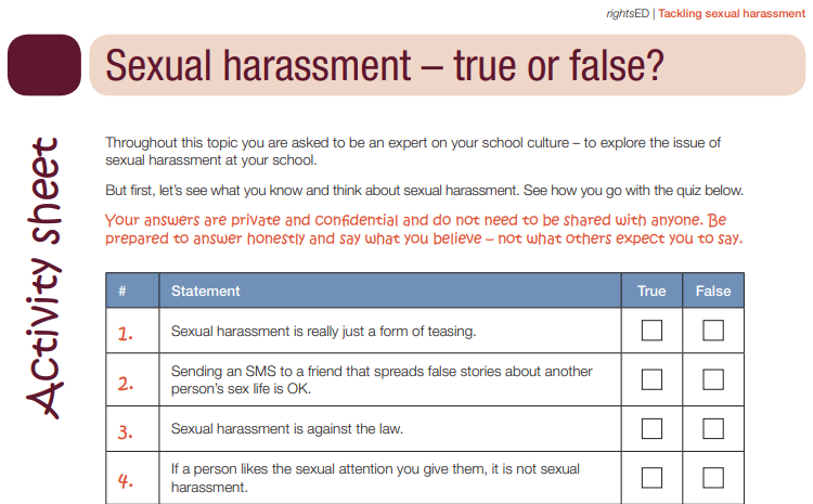 RightsED: Tackling sexual harassment - - Activity sheet: Sexual harassment - true or false? | Australian Human Rights Commission