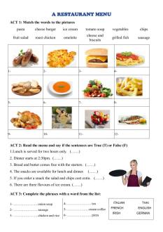 A restaurant menu interactive worksheet