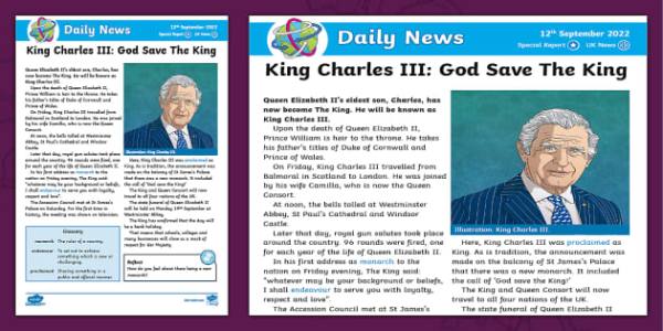 FREE! - King Charles III - Daily News Room Story (ages 7-9)