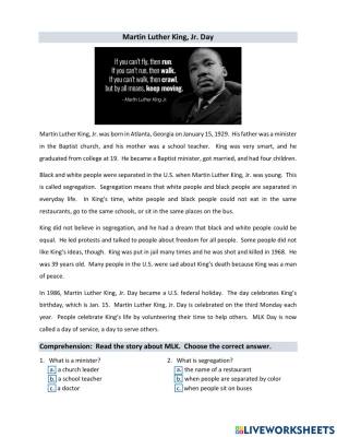 Martin Luther King, Jr. Day Reading worksheet